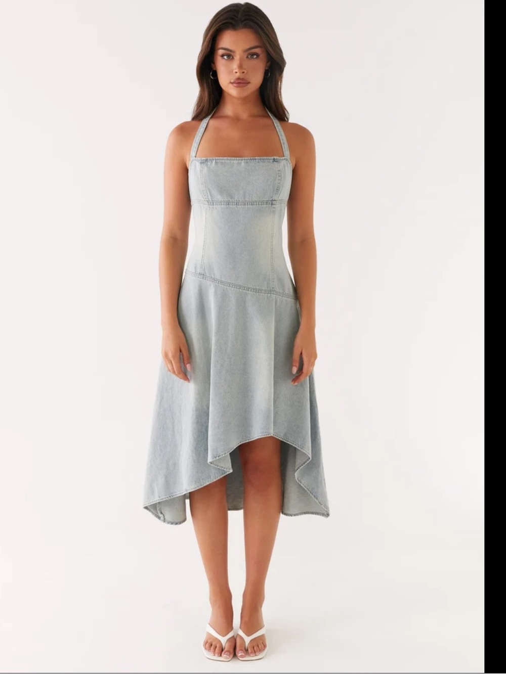 Peppermayo Light Wash Denim High-Low Halter Midi Dress